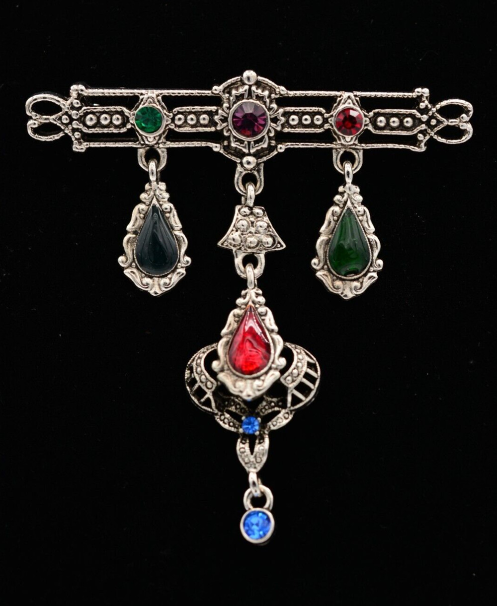 Vintage Bar Pin Brooch Dangle Rhinestone Crystal Enamel Multi-Color NOS 80s A19